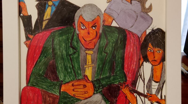 In questo mondo di ladri… Lupin III e la sua banda. Penne miste (a sfera, a fibra ottica, metallizzate) su cartoncino bianco A4 21×29.7 cm in cornice. VB’24 In questo mondo di ladri… Lupin III e la sua banda. Penne miste (a sfera, a fibra ottica, metallizzate) su cartoncino bianco A4 21×29.7 cm in cornice. VB’24