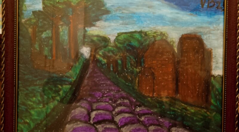 Appia antica, la prima strada del mondo ancora attraversata. Pastelli a olio su cartoncino – Appia Antica, the first road in the world still crossed. Oil pastels on cardboard Appia antica, la prima strada del mondo ancora attraversata. Pastelli a olio su cartoncino – Appia Antica, the first road in the world still crossed. Oil pastels on cardboard
