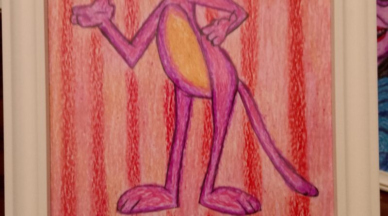 PANTERA ROSA, Pastelli a cera su cartoncino in cornice – PINK PANTHER, Crayons on cardboard in frame PANTERA ROSA, Pastelli a cera su cartoncino in cornice – PINK PANTHER, Crayons on cardboard in frame