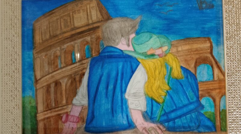 AMORE ETERNO DIETRO AL COLOSSEO. MATITE E ACQUARELLO SU AQUAPAD DI 300 g IN CORNICE A4
